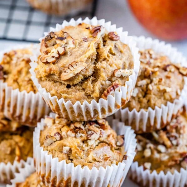 front view of pecan apple muffins in liners