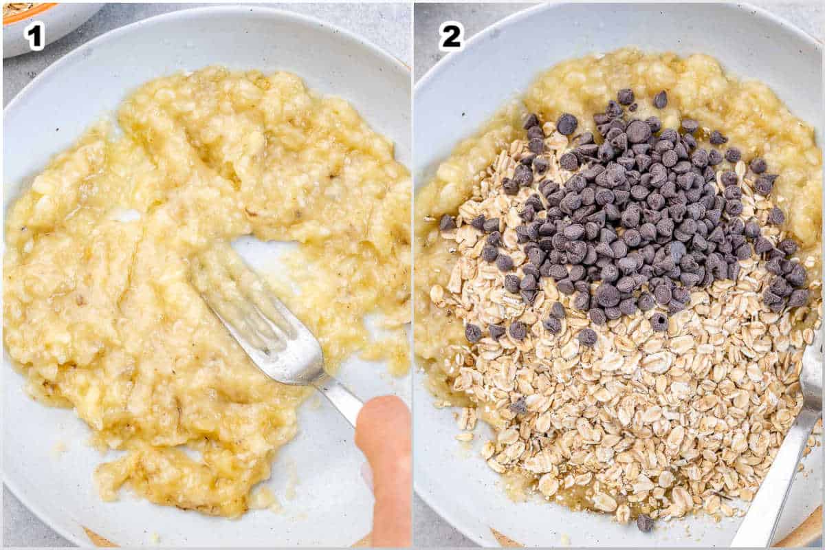 process shot of mashing the bananas in a dish and then adding oats and chocolate chips.