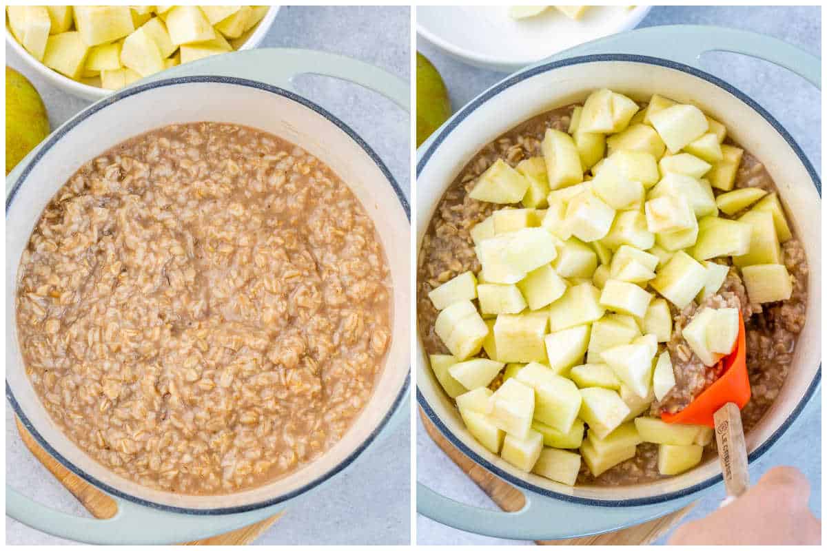 process shot to make oatmeal in pan and adding chopped apples to it.