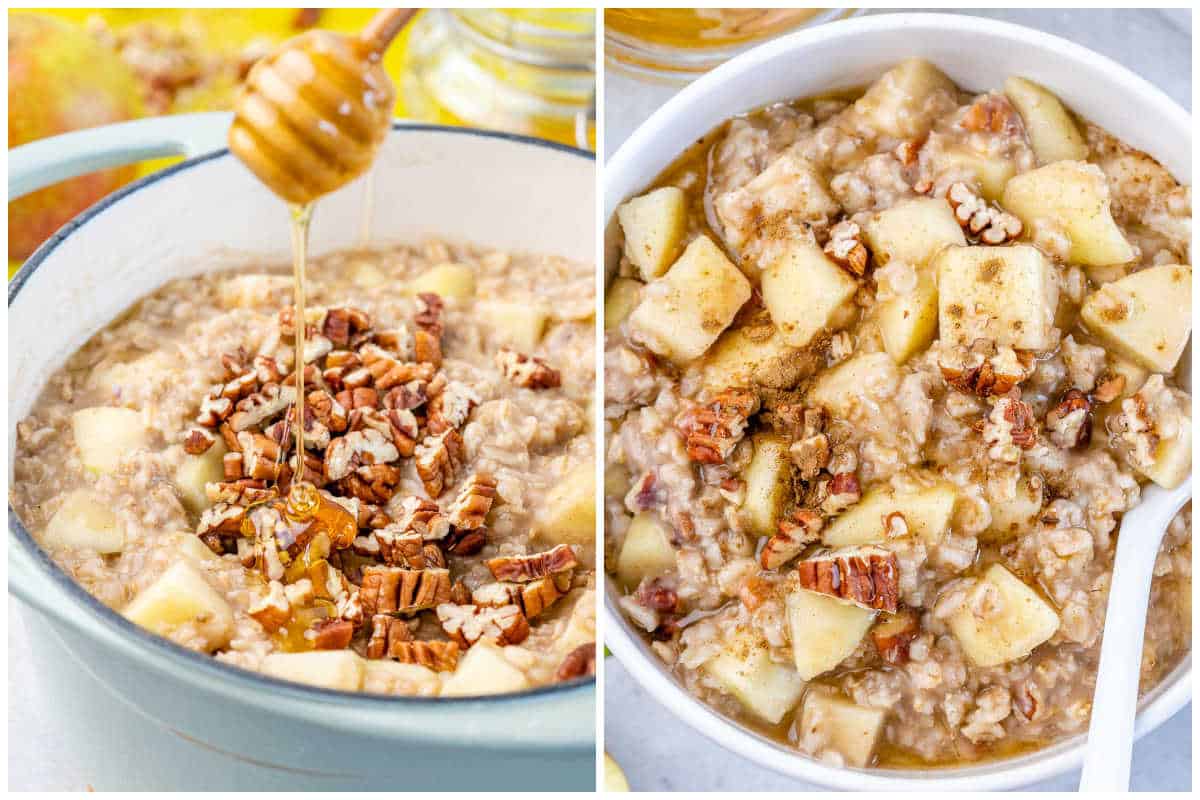 process shot showing honey being added over chopped nuts over oatmeal in a bowl.