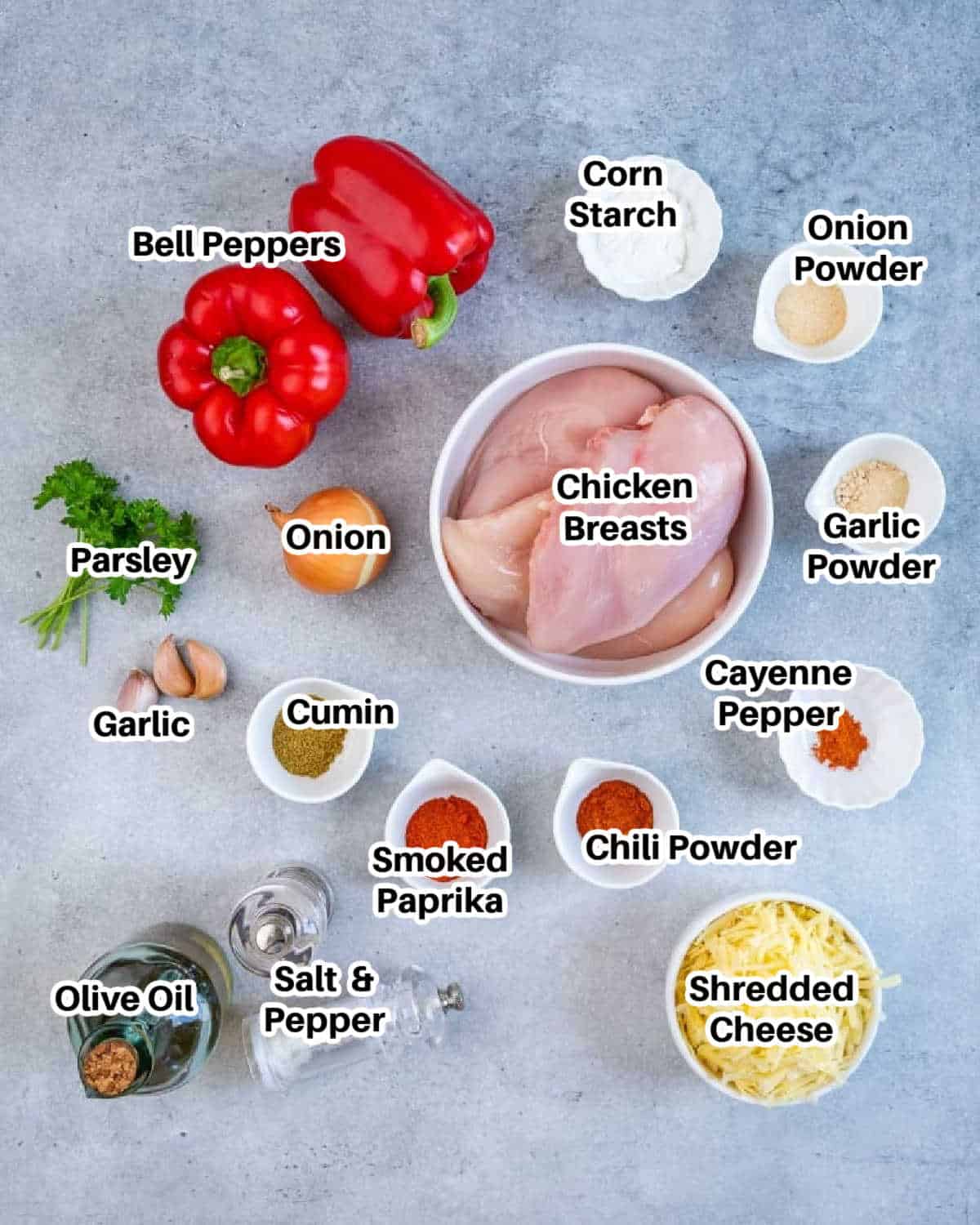 ingredients to make fajita stuffed chicken breast.
