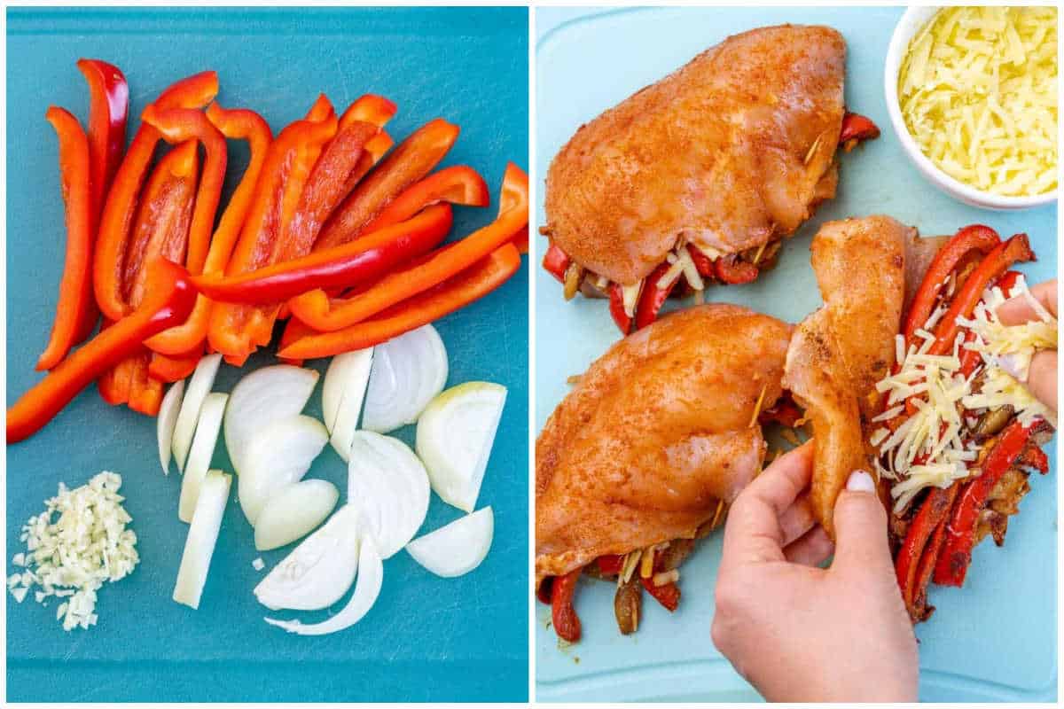 process shot to prep the fajita veggies, then stuffing the chicken breasts.
