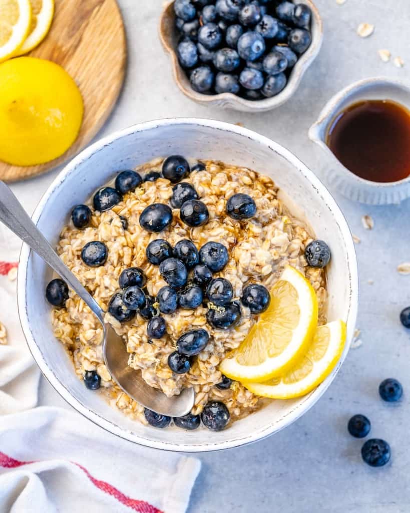 one bowl of blueberry overnight oats with blueberries and lemon