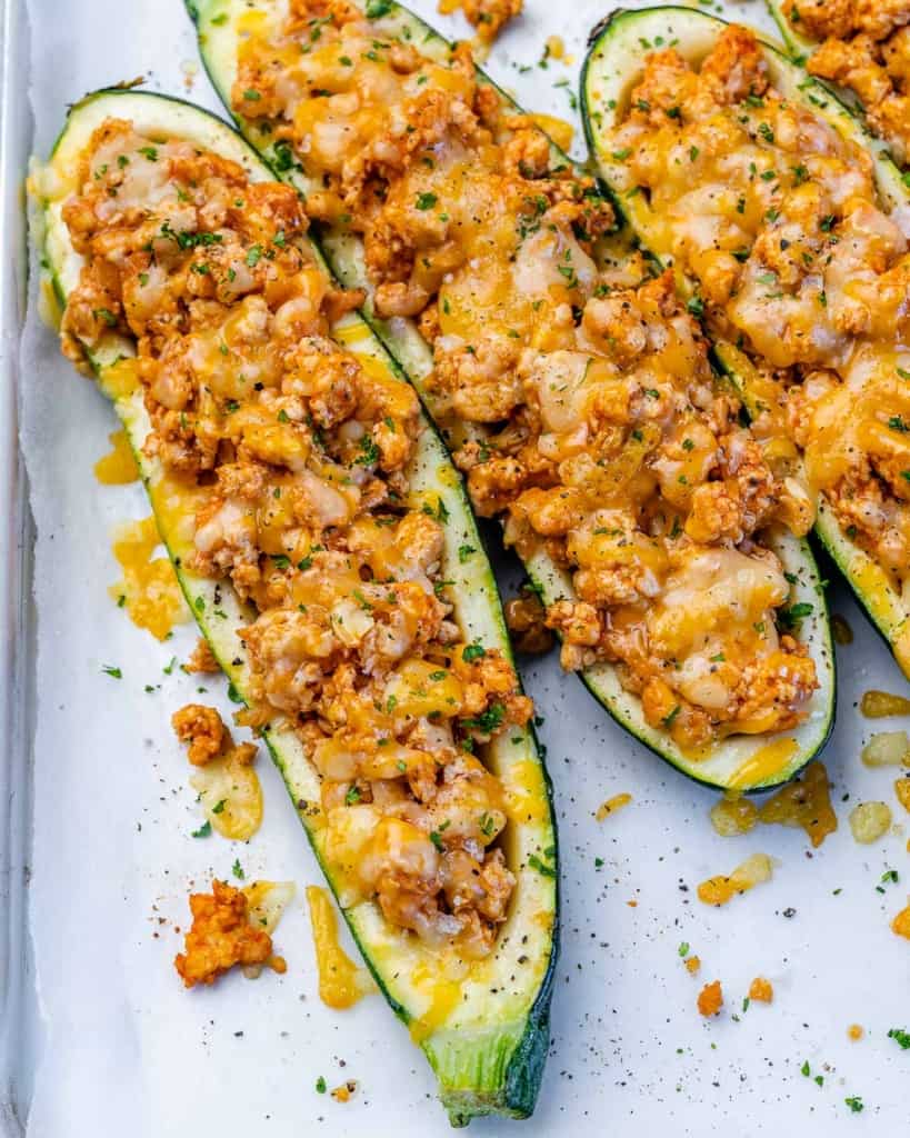 close up view of 2 zucchini boats 