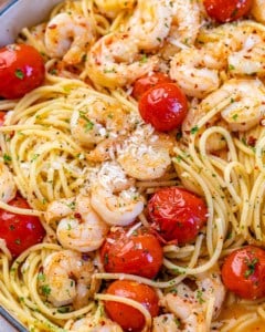 close up view of shrimp pasta