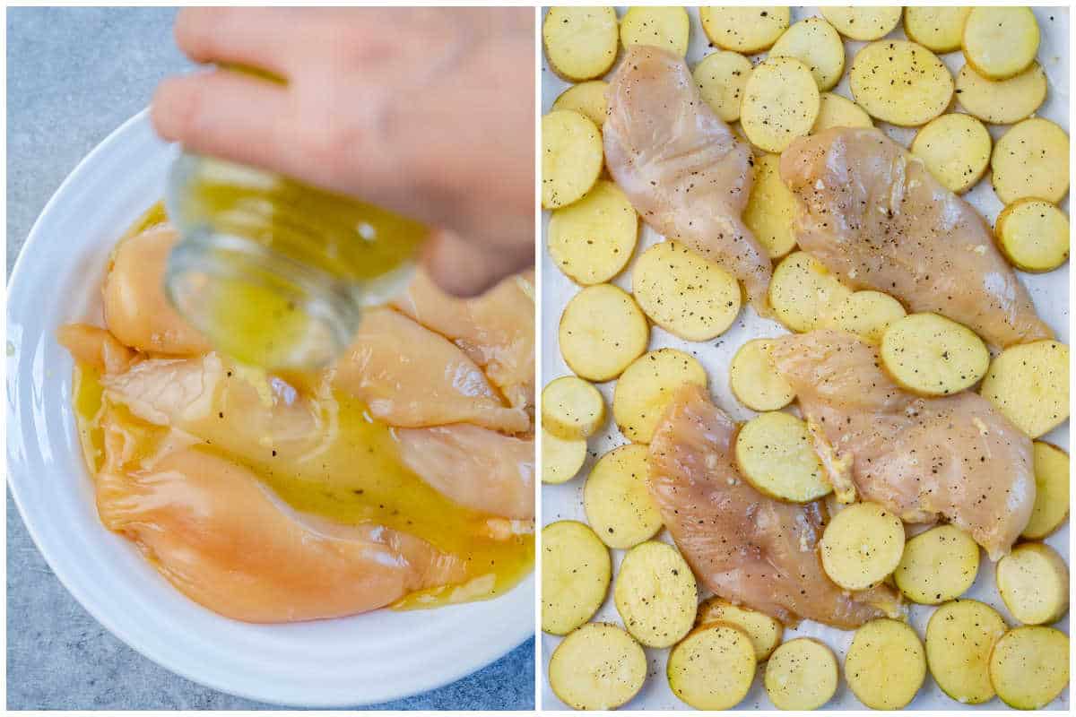 process shot to marinate the chicken and then adding to a pan with the sliced potatoes.