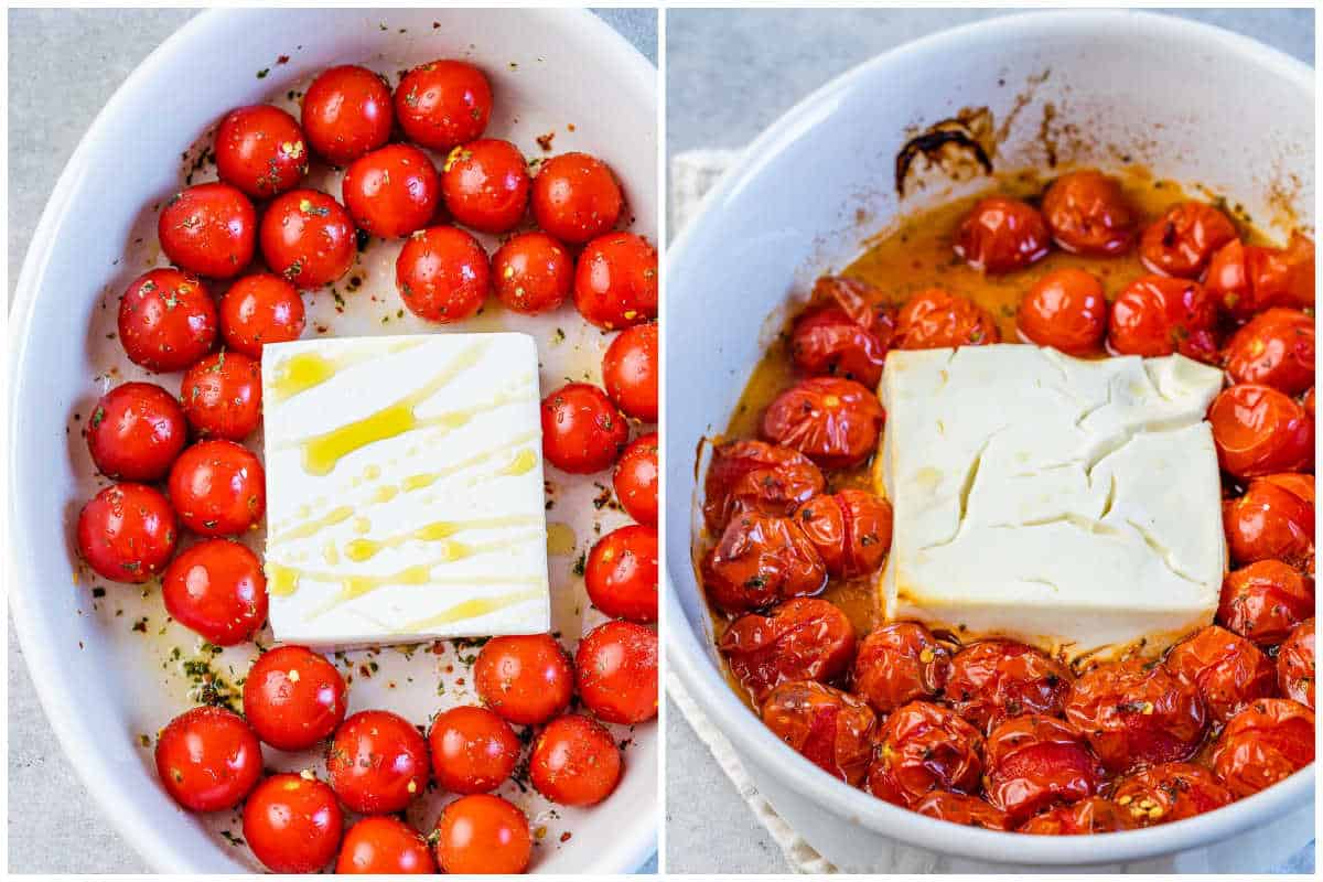 process shot to make baked the tomatoes and feta cheese in a dish.