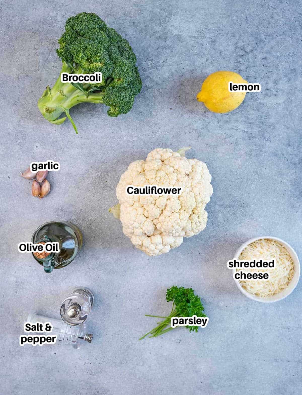 Ingredients to make roasted broccoli and cauliflower.