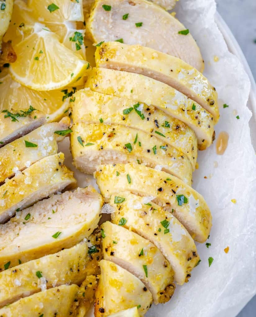 close up image of sliced air fryer chicken