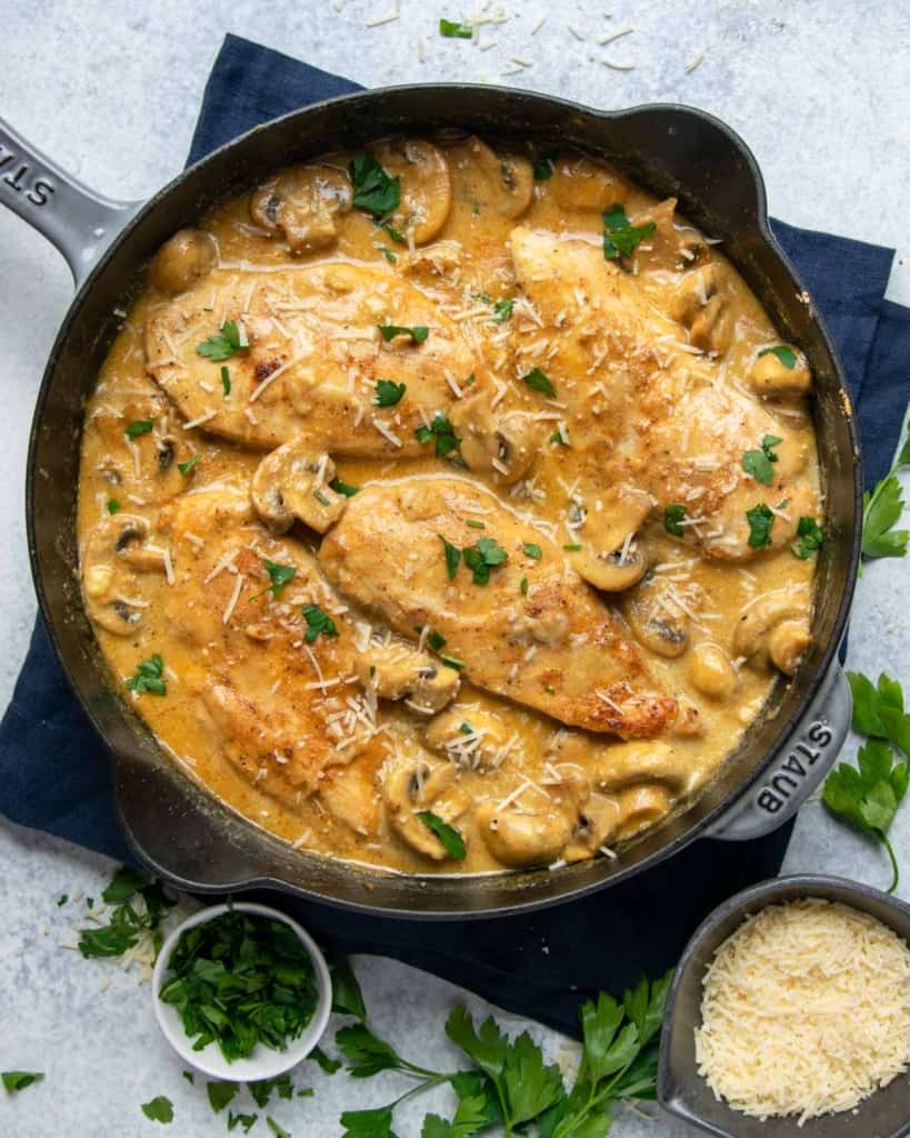 top view chicken breast in a creamy mustard and mushroom sauce 
