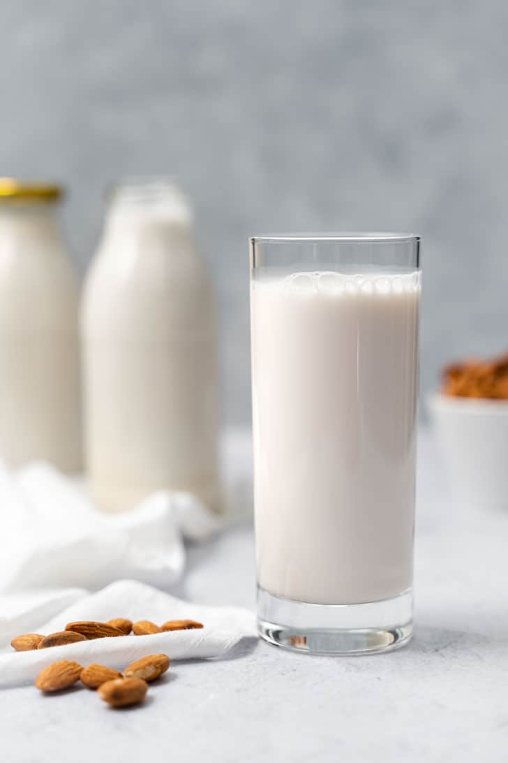 front view of almond milk in glass