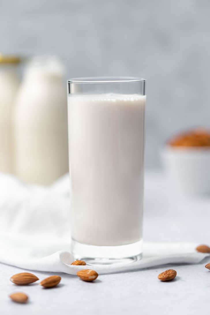 front view image pf almond milk in a cup