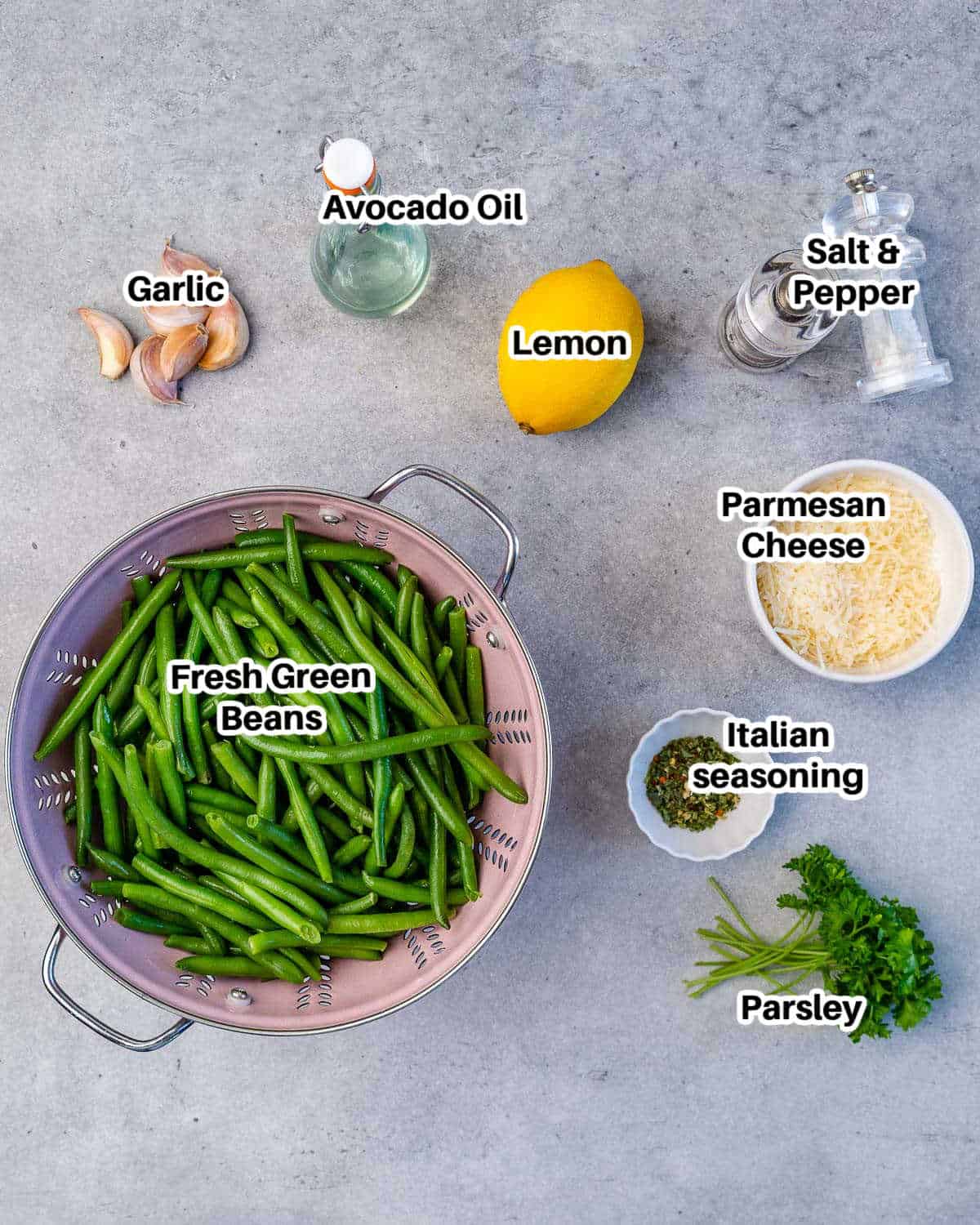 ingredients to make oven roasted green beans with garlic and parmesan cheese.