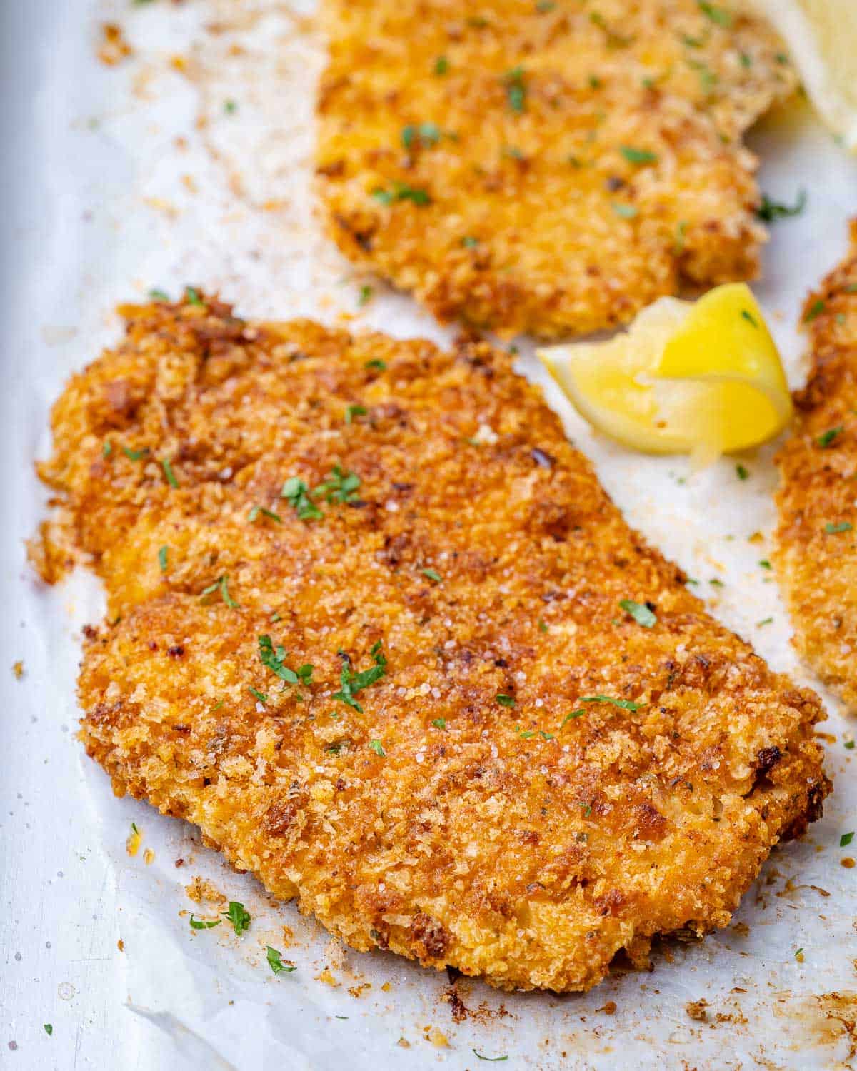 close view of panko chicken with parmesan crust