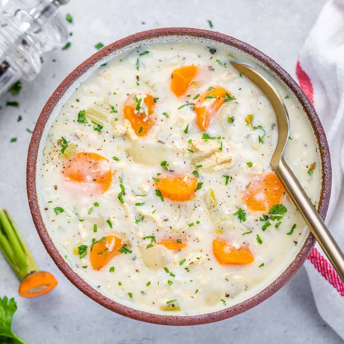 top view of creamy chicken and rice soup in a bowl