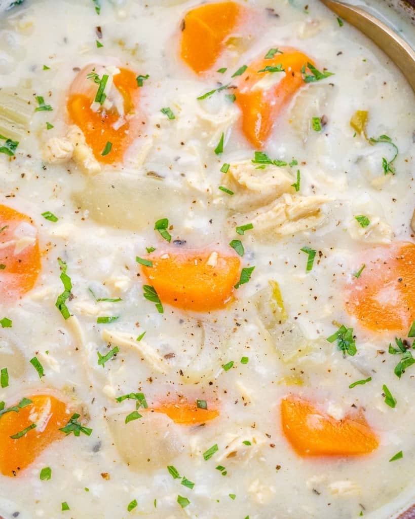 close up view of chicken and rice soup