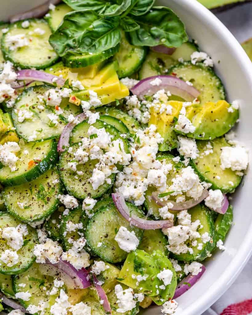 close up cucumber feta salad in a bowl