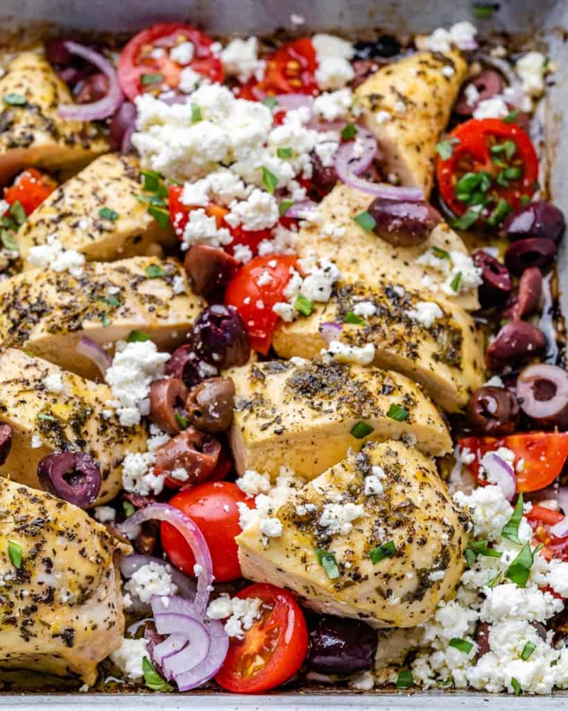 close up view of greek chicken breast