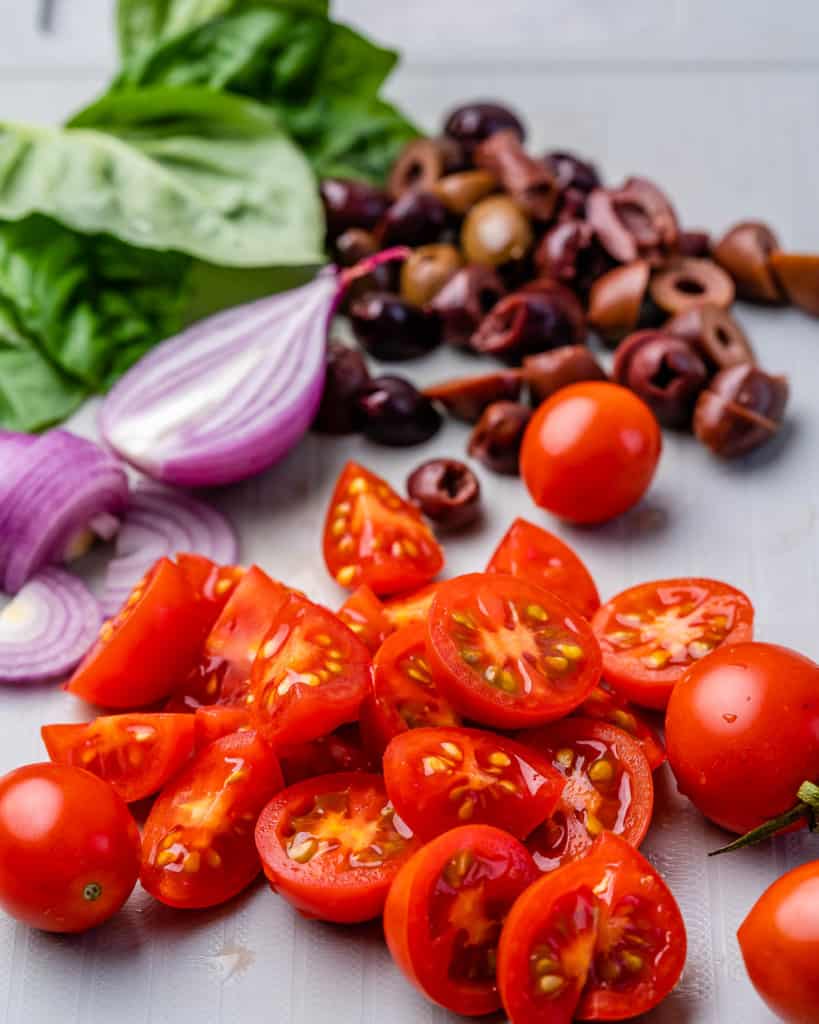 chopped tomatoes, olives, and onions