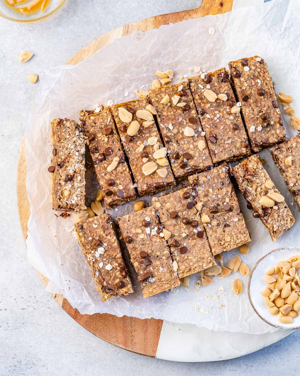twelve baked oatmeal bars with peanuts and chocolate chips 