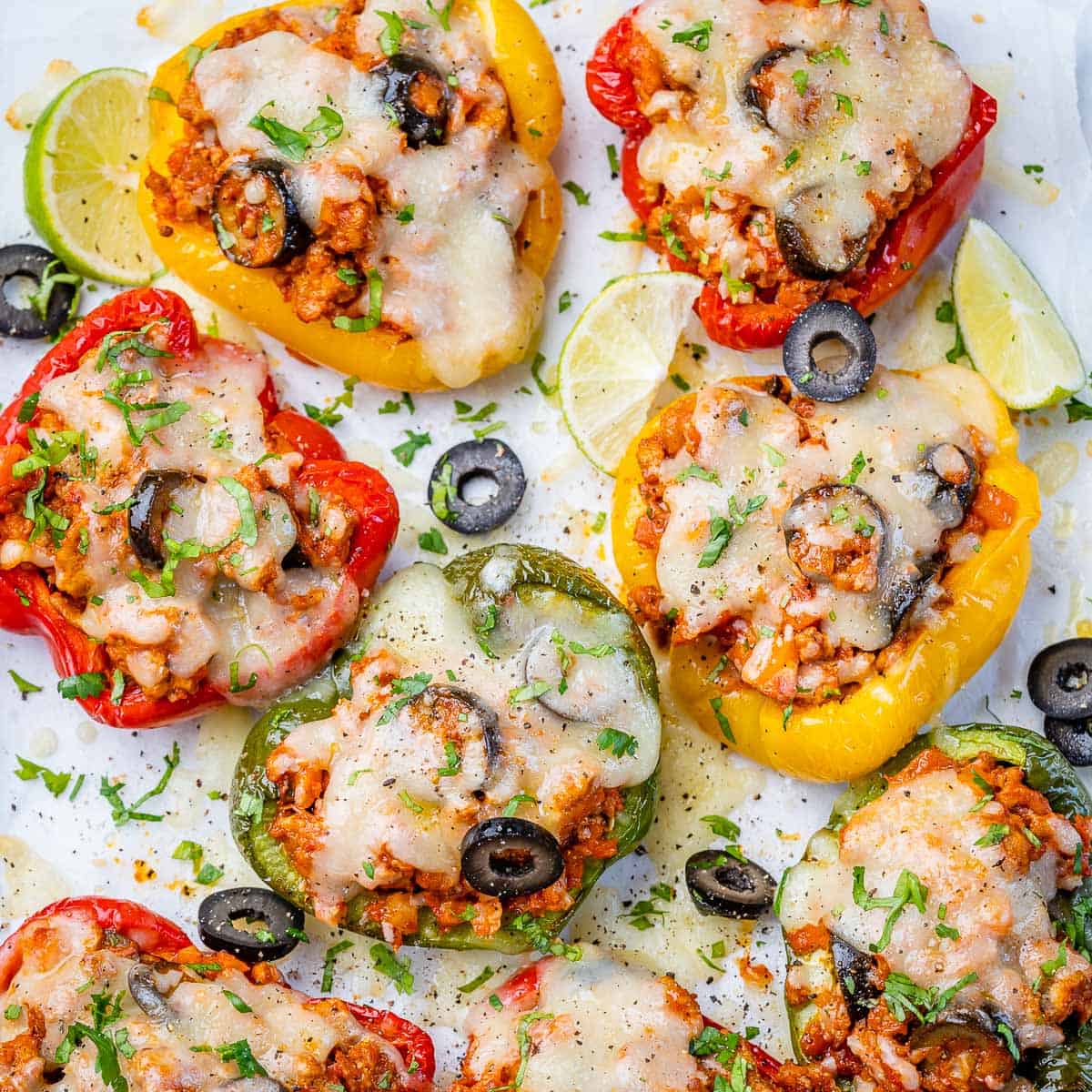 top view baked peppers stuffed with cheesy turkey