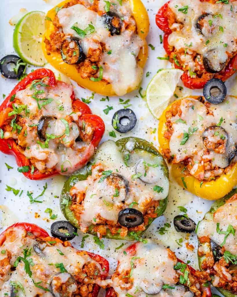 top view roasted stuffed  bell peppers 