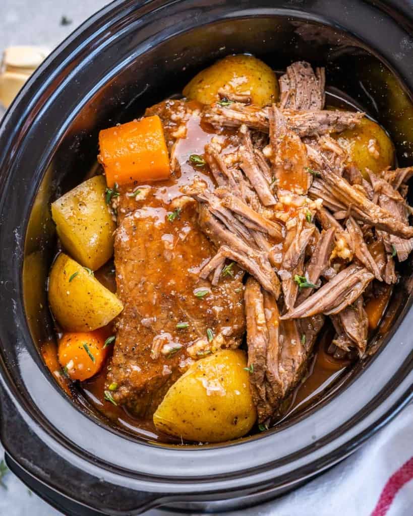 top view of cooked roast in slow cooker 