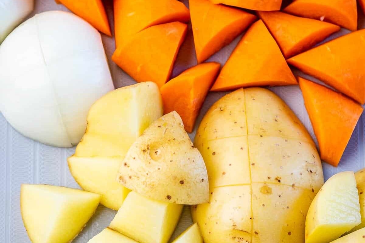 diced carrots, onions, and potatoes