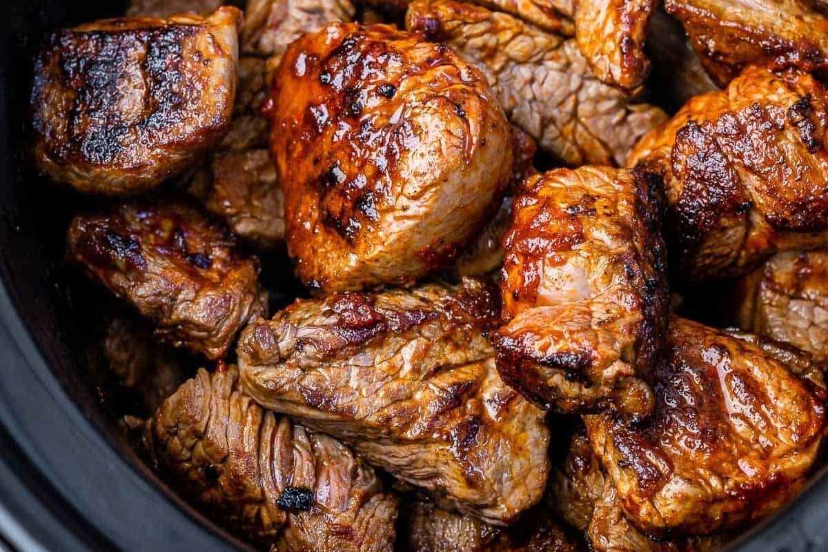 Browned beef in the Crockpot.
