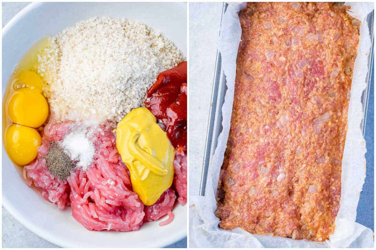 process shoto make the turkey meatloaf mixture in a bowl and adding it to a baking loaf pan.