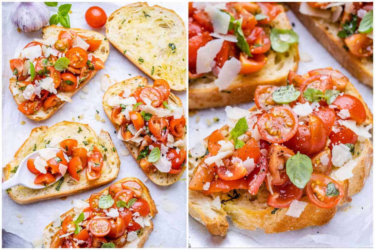 assembling the tomato bruschetta bread.