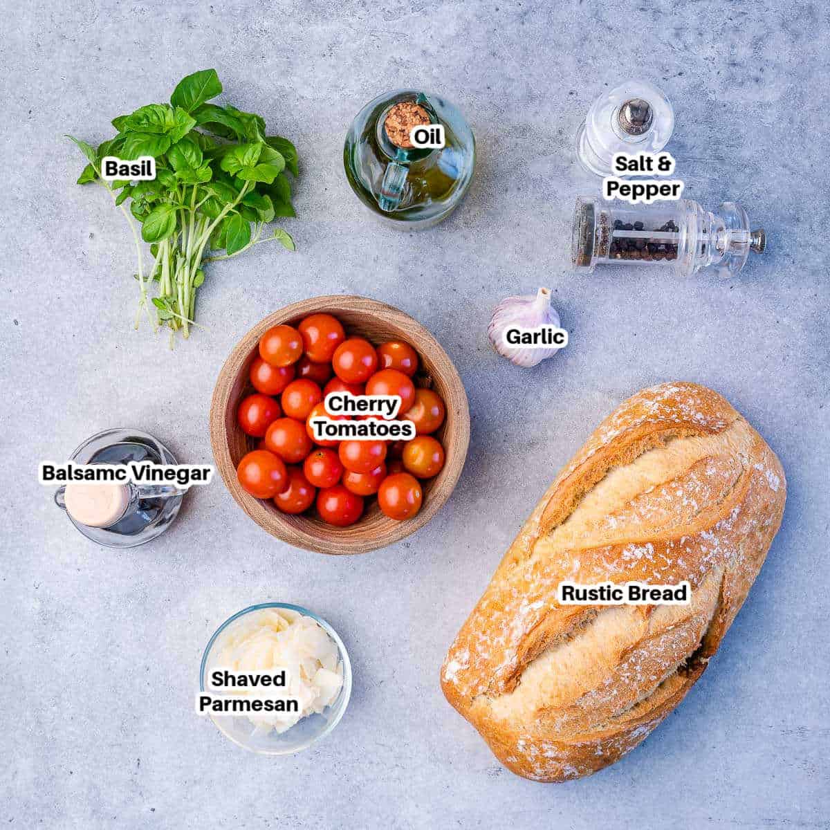 ingredients for tomato bruschetta bread.