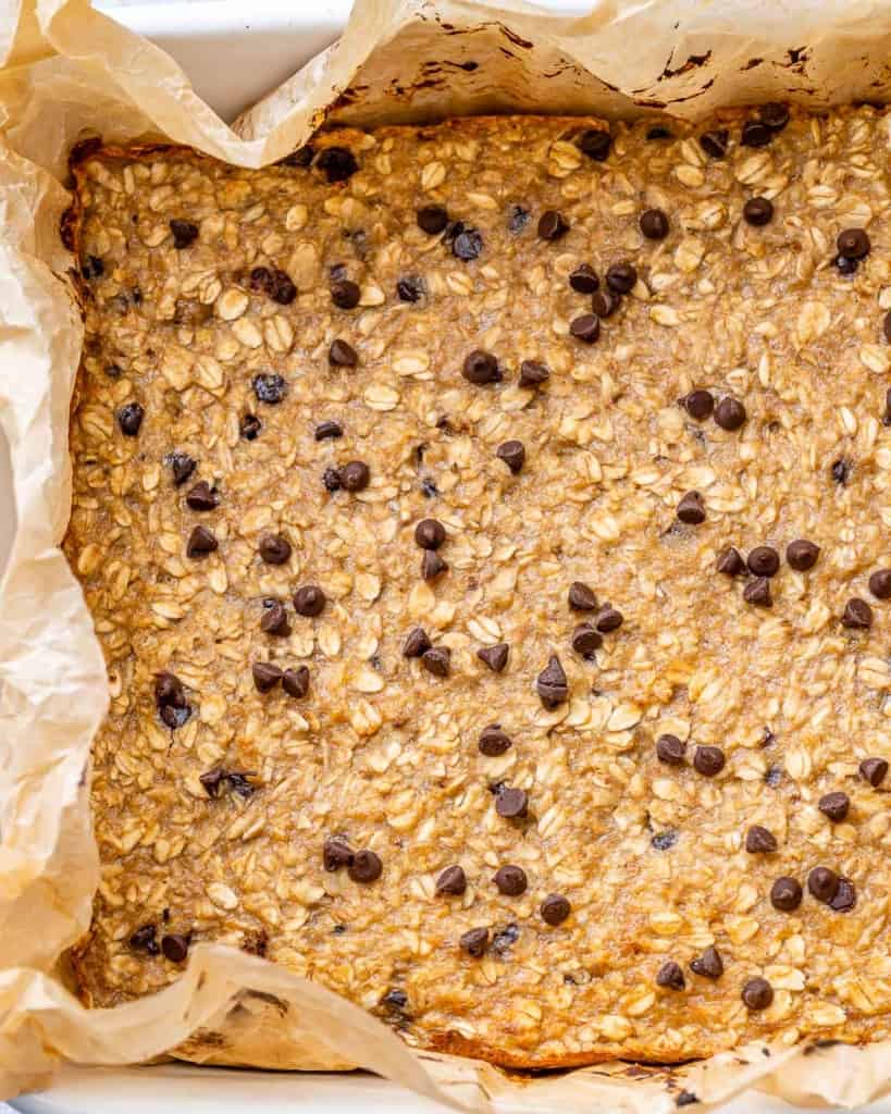 baked chocolate chip oatmeal in a pan 