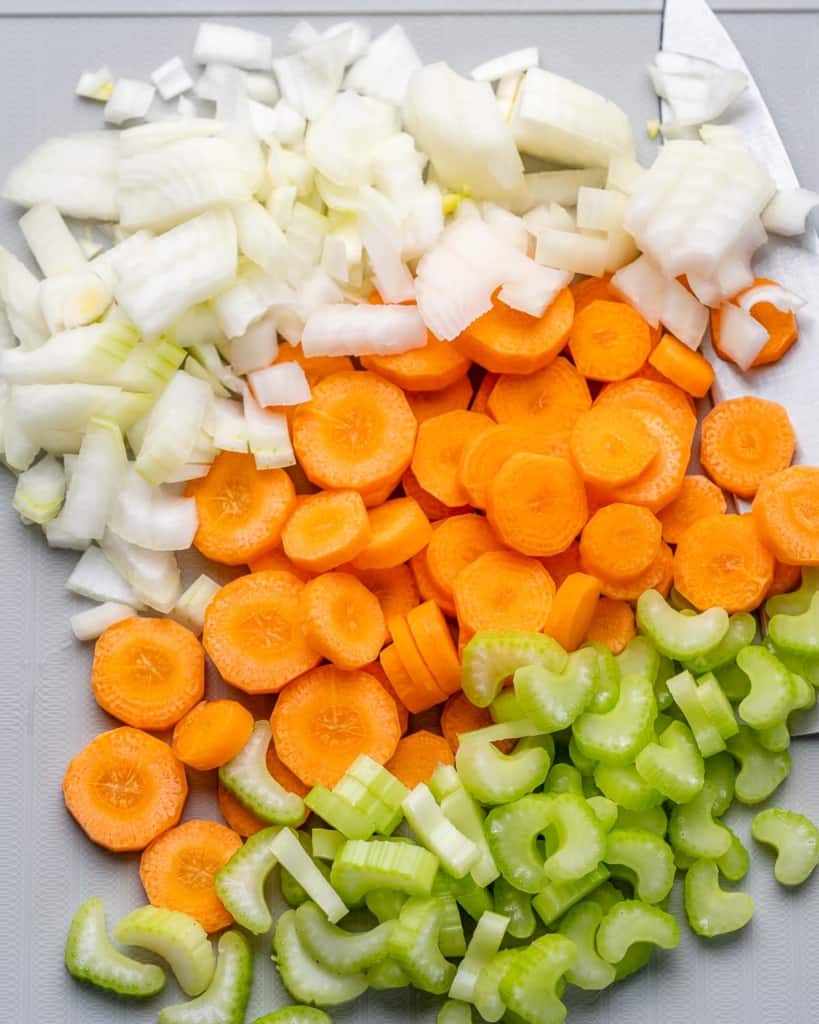chopped veggies in a pot for the soup: onion, carrots, and celery
