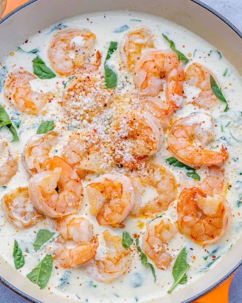 close up sauteed shrimp recipe in a creamy garlic sauce 