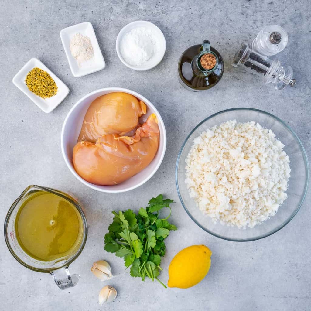 ingredients to make the lemon garlic chicken breast over cauliflower rice