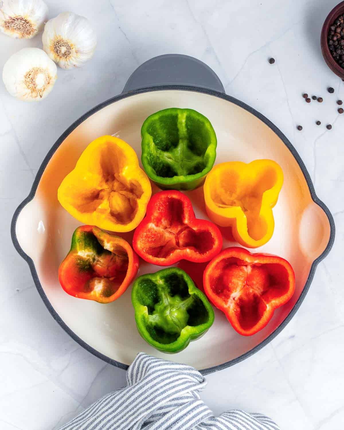 prepared bell pepper placed in a skillet.