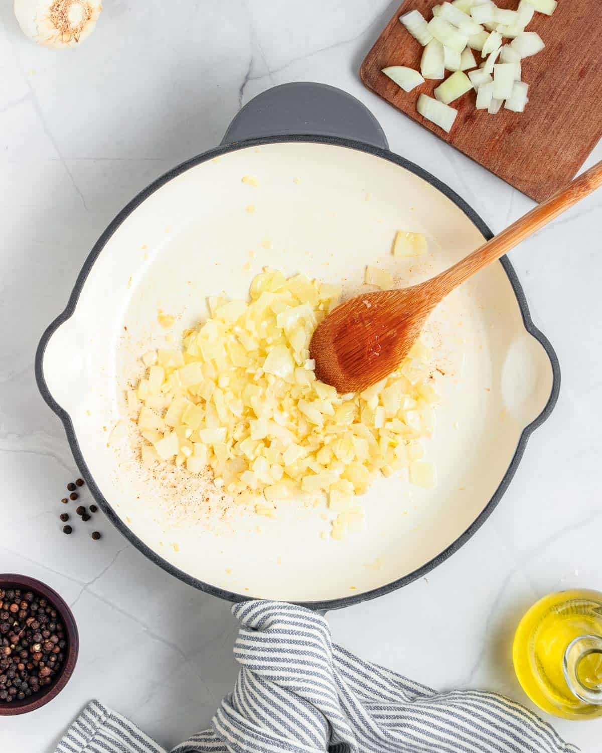 Sauteed onion in a pan.