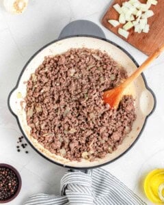 Ground beef was added to the pan and cooked with the onions.