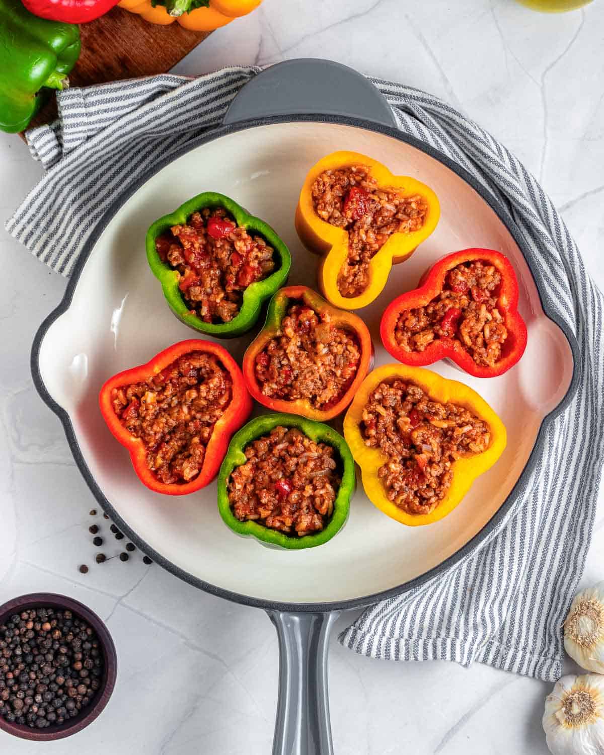 bell peppers stuffed with beef and rice stuffing.