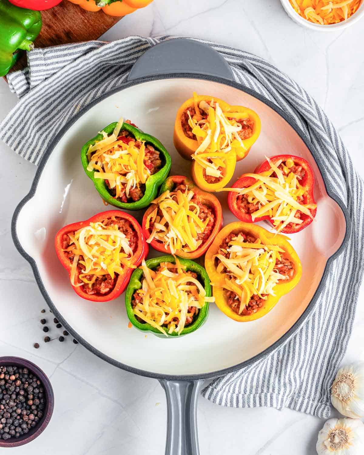 Shredded cheese was added over the bell pepper stuffing.