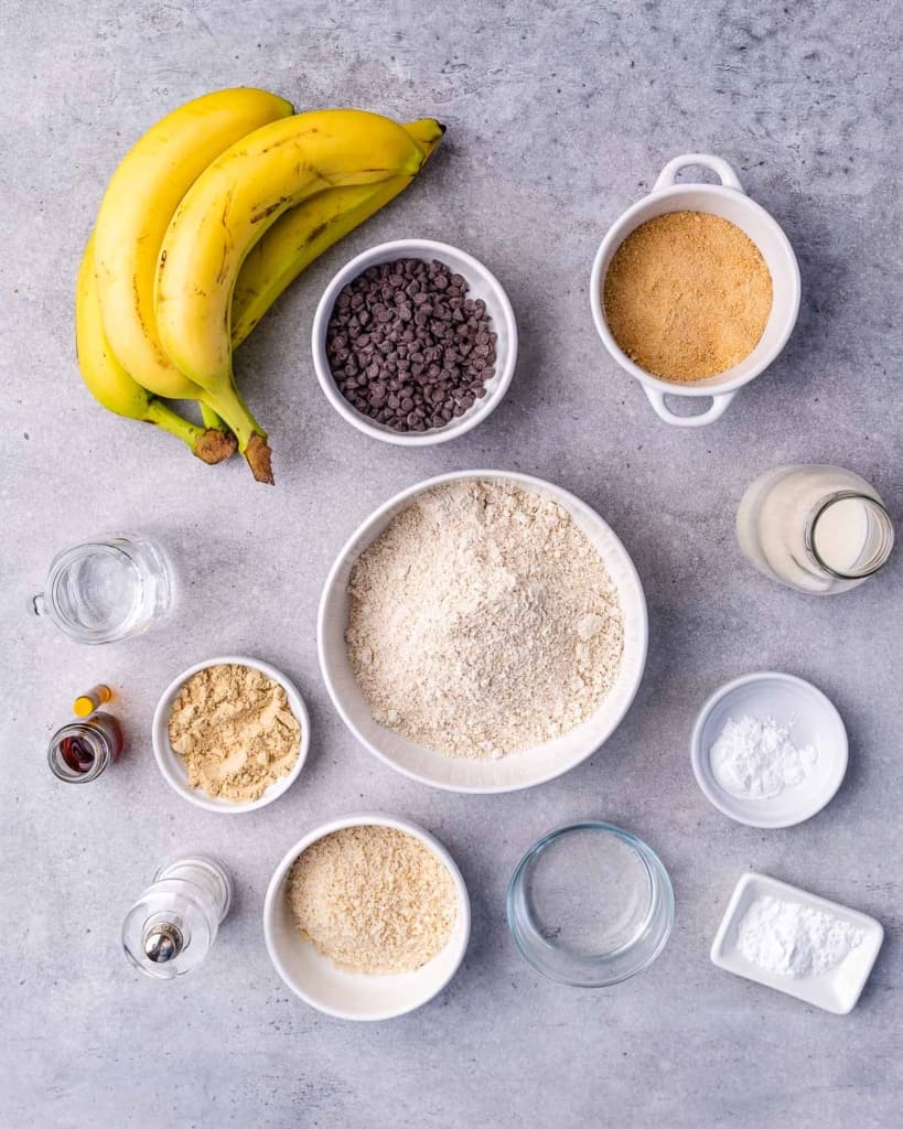 bananas, chocolate chips, coconut sugar, baking powder, baking soda, salt, oat flour, almond flour, water, flaxmeal, milk, vanilla extract,