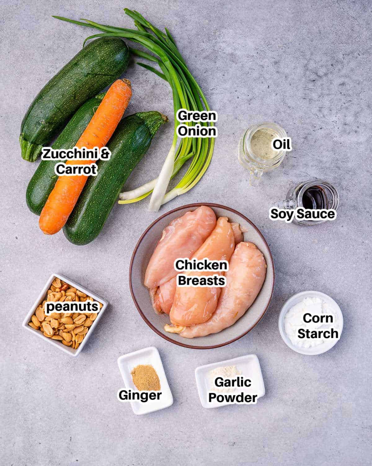 Ingredients for chicken and zucchini stir fry.