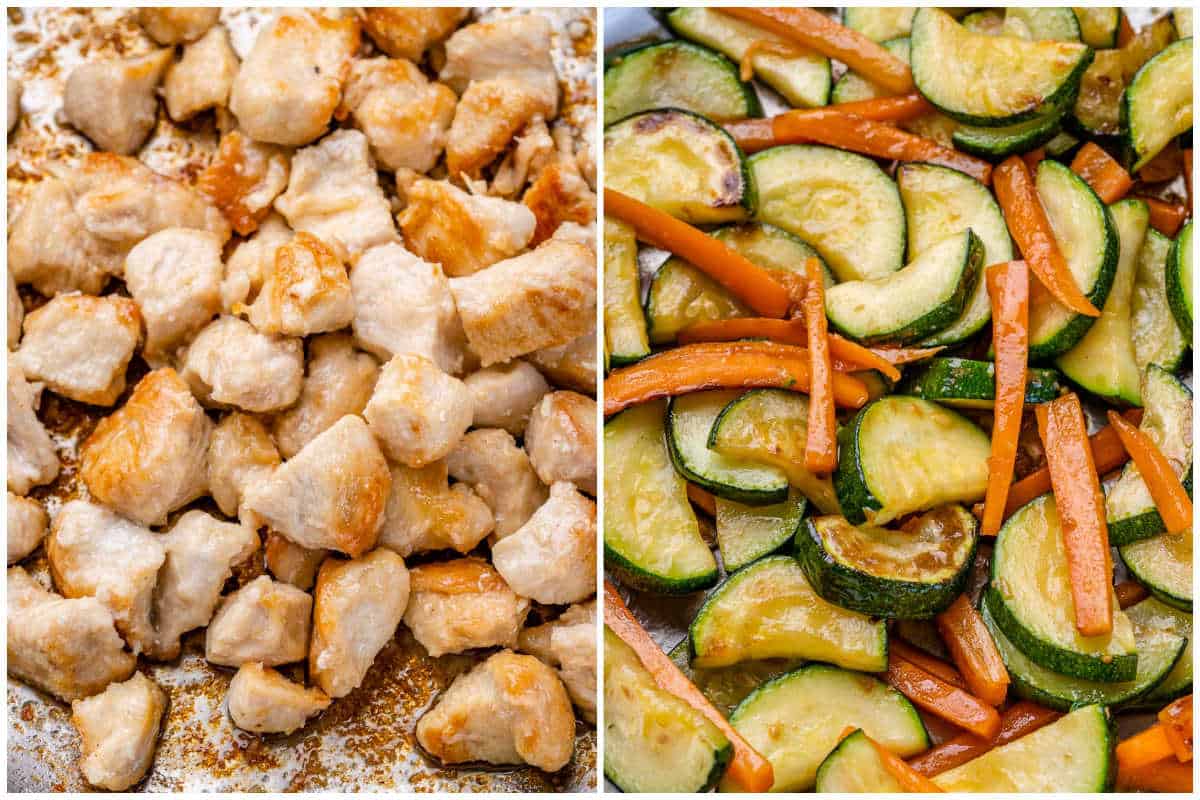 process shot for cooking the chicken bites on the left and searing the veggies on the right.