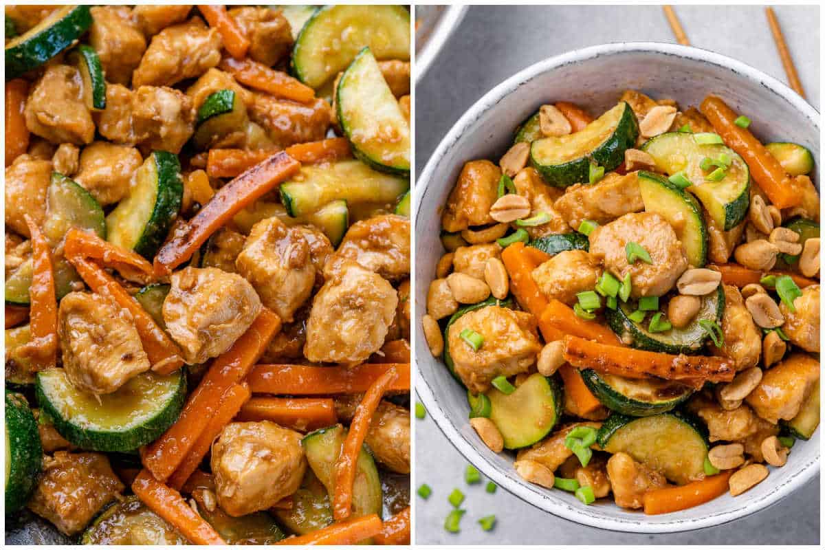 process shot of cooking the chicken and veggies together and then serving over rice in a bowl.