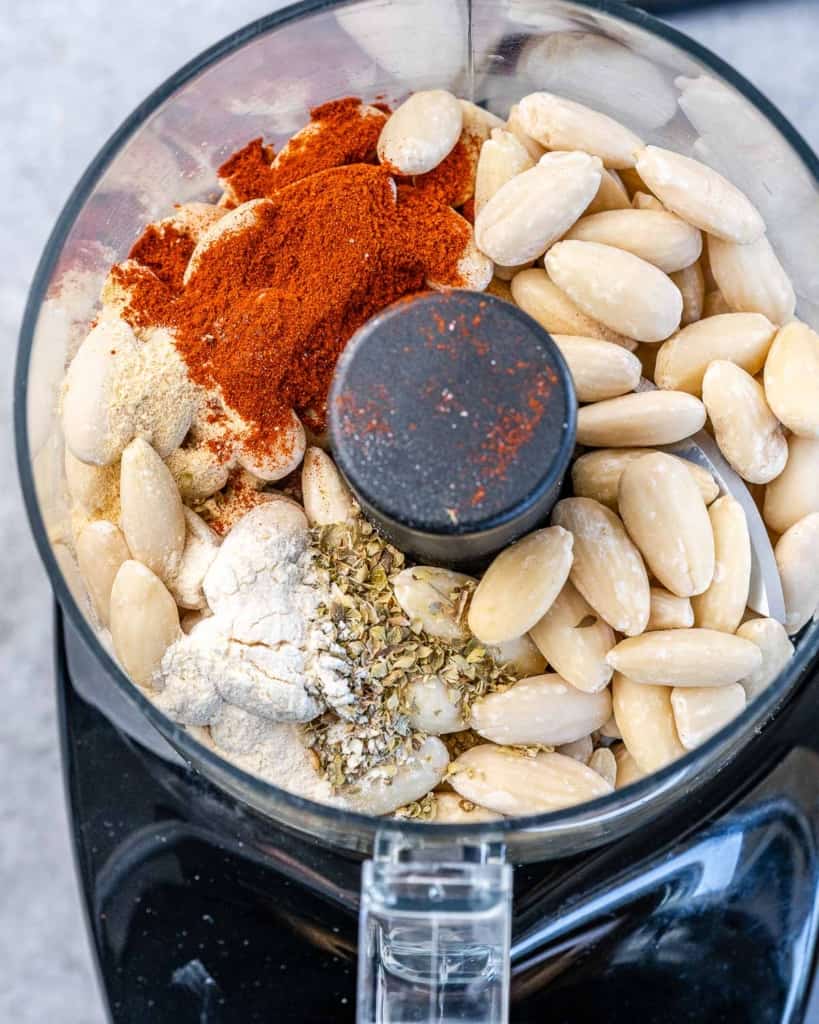 almonds and seasoning in a food processor