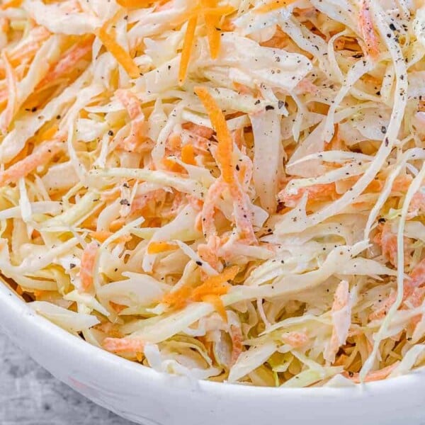 side shot image of a white bowl filled with coleslaw salad