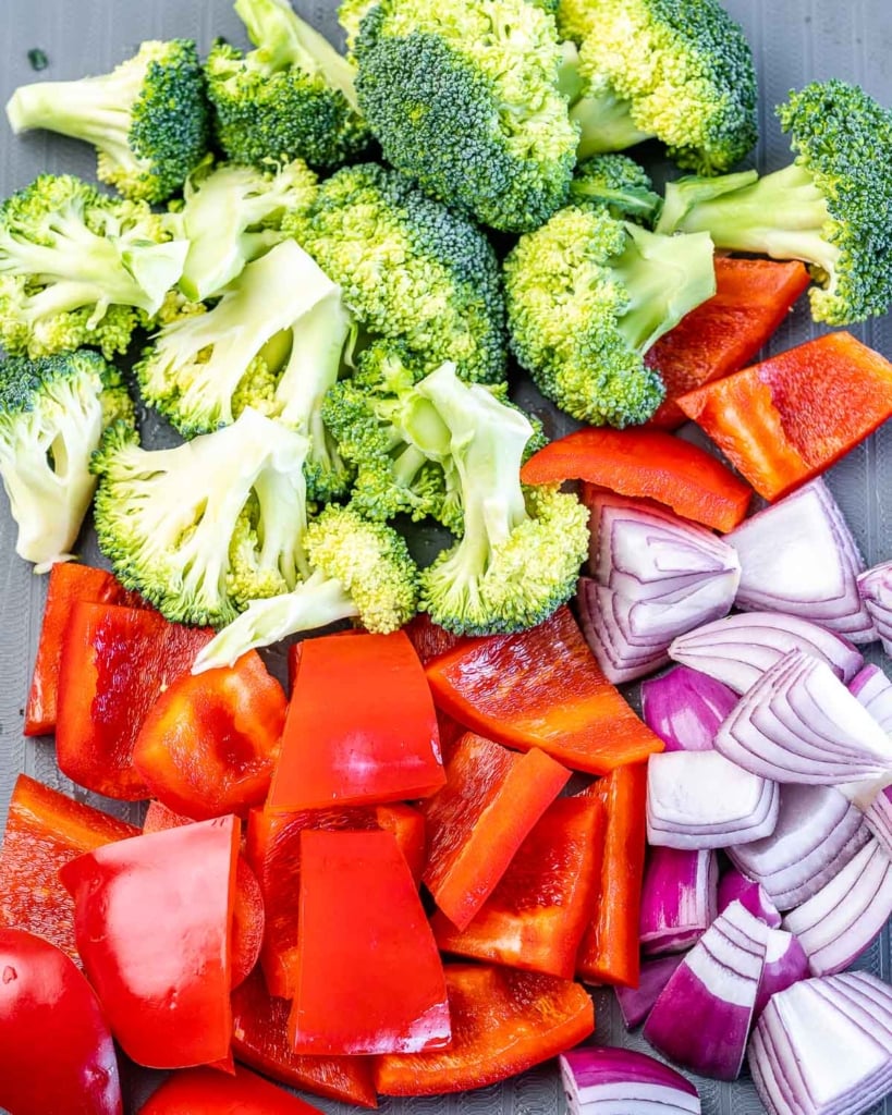 chopped veggies: broccoli, red peppers, and onion