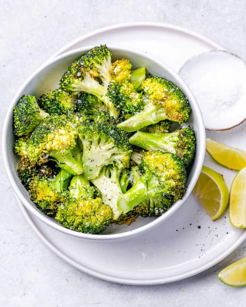 top view of broccoli in a white bowl