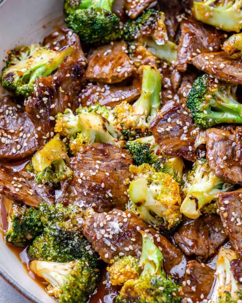 side shot of beef and broccoli stir fry 